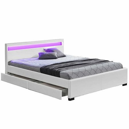 TEMPO KONDELA Manželská posteľ, RGB LED osvetlenie, biela ekokoža, 160x200, CLARETA