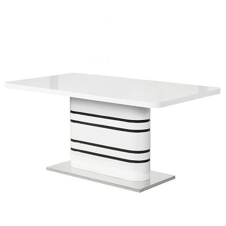TEMPO KONDELA Jedálenský rozkladací stôl, biela vysoký lesk HG/čierne pásy, TUBAL